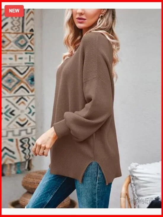 Oversized Ribbed Knit Pullover Sweater with Side Slits, Slouchy Tunic - Picture 3 of 6